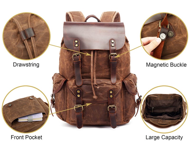 HuaChen Vintage Waxed Canvas Backpack with Genuine Leather Flap, Travel & Work Rucksack, Water-Resistant Daypack with Anti-Theft Pocket, Large/X-Large (15.6/17.3" Laptop), M80 Black - Image 3